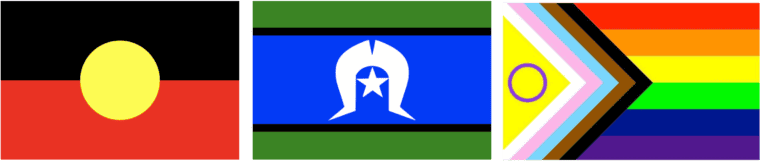 Aboriginal flag, Torres Strait Islander flag and Progress Pride flag